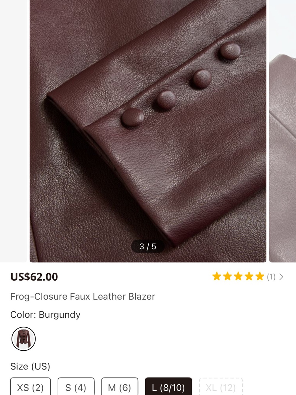 Commense Burgundy Faux Leather Blazer with Frog Closures - Picture 5 of 8